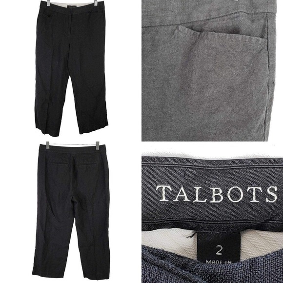 Talbots Pants Linen Women’s Size 2 Black Wide Leg Pockets Crop Lagenlook - Picture 1 of 7